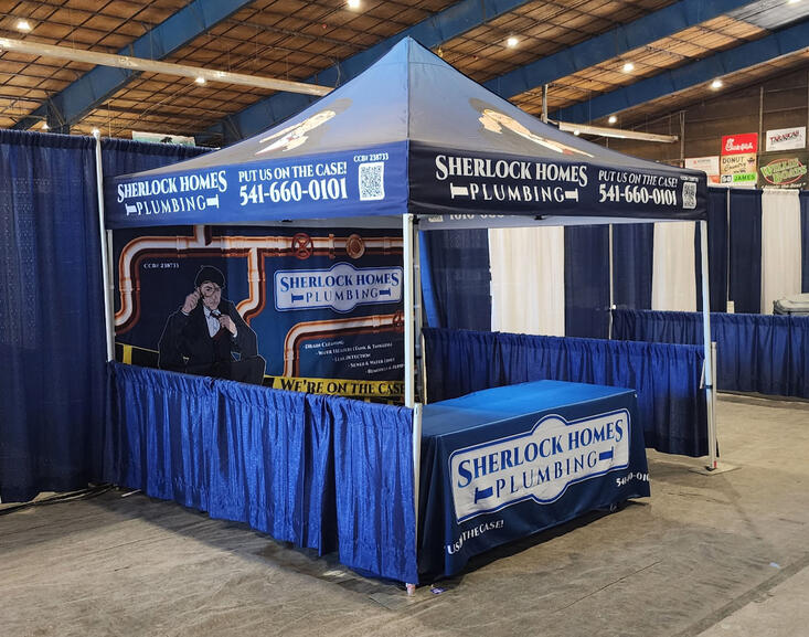 Trade Show Canopy Trade Show Canopy, Table Throw, and Back Wall for Sherlock Homes Plumbing